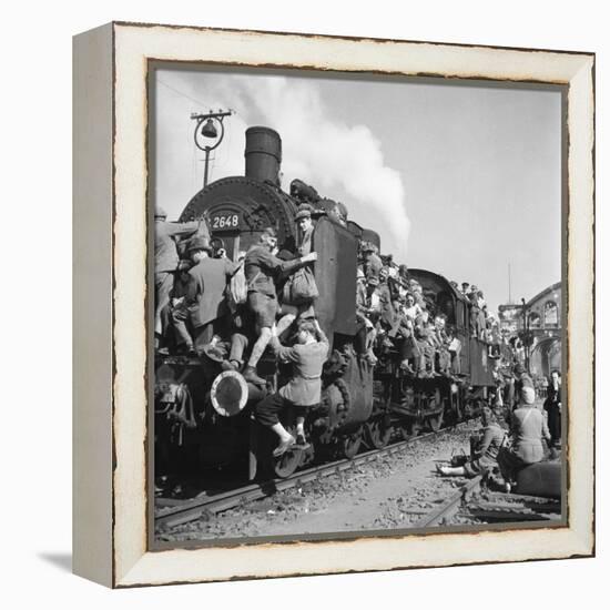 Post WWII German Refugees and Displaced Persons Crowding Every Square Inch of Train Leaving Berlin-Margaret Bourke-White-Framed Premier Image Canvas