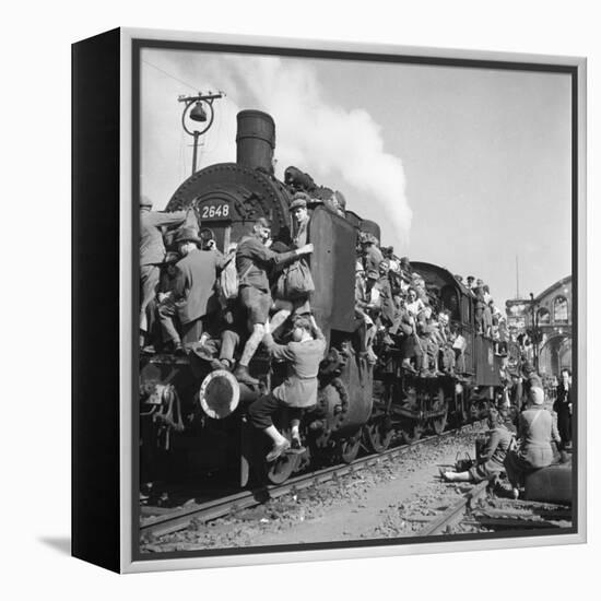 Post WWII German Refugees and Displaced Persons Crowding Every Square Inch of Train Leaving Berlin-Margaret Bourke-White-Framed Premier Image Canvas