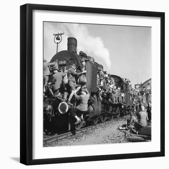 Post WWII German Refugees and Displaced Persons Crowding Every Square Inch of Train Leaving Berlin-Margaret Bourke-White-Framed Photographic Print