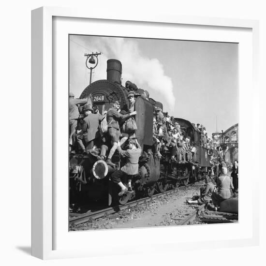 Post WWII German Refugees and Displaced Persons Crowding Every Square Inch of Train Leaving Berlin-Margaret Bourke-White-Framed Photographic Print