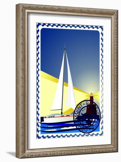 Postage Stamp. Yacht At Sea And The Lighthouse-GUARDING-OWO-Framed Art Print