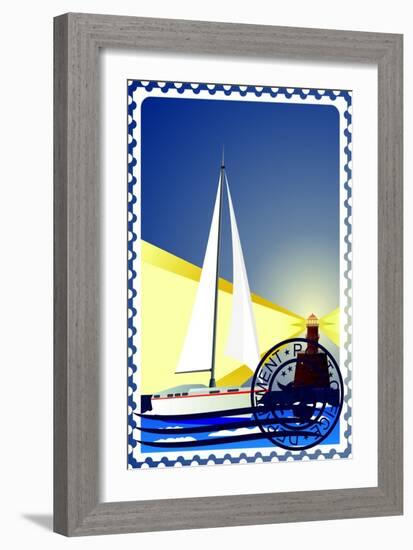 Postage Stamp. Yacht At Sea And The Lighthouse-GUARDING-OWO-Framed Art Print