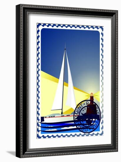 Postage Stamp. Yacht At Sea And The Lighthouse-GUARDING-OWO-Framed Art Print