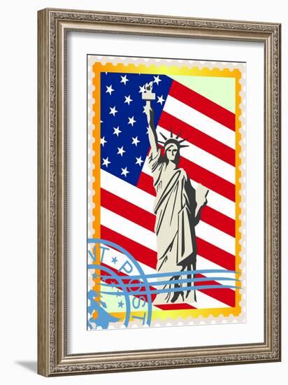 Postage Stamps With The Flag And The Statue Of Liberty-GUARDING-OWO-Framed Art Print