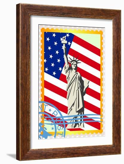 Postage Stamps With The Flag And The Statue Of Liberty-GUARDING-OWO-Framed Art Print