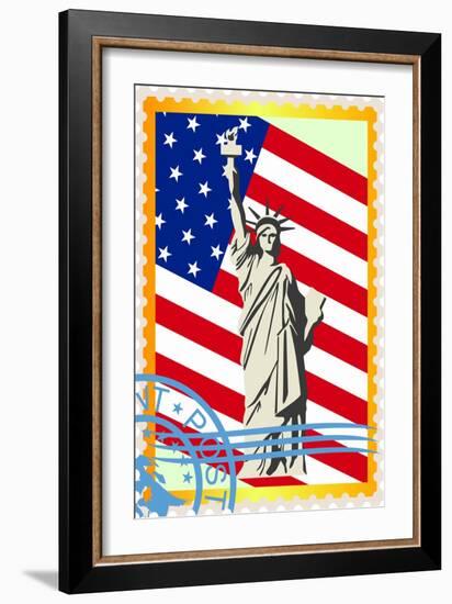 Postage Stamps With The Flag And The Statue Of Liberty-GUARDING-OWO-Framed Art Print