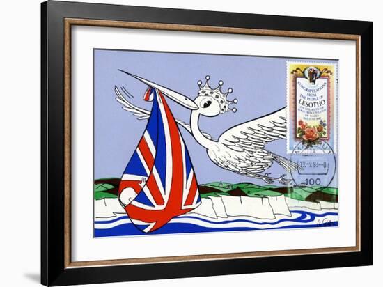 Postcard and Stamp from Lesotho Celebrating the Arrival of Prince William of Wales in 1982-null-Framed Giclee Print