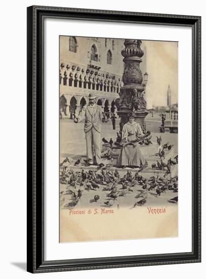 Postcard Depicting a Man and Woman Feeding Pigeons in Piazza San Marco-null-Framed Photographic Print