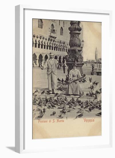 Postcard Depicting a Man and Woman Feeding Pigeons in Piazza San Marco-null-Framed Photographic Print