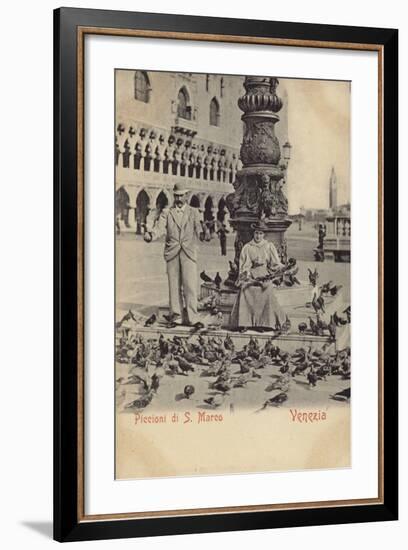 Postcard Depicting a Man and Woman Feeding Pigeons in Piazza San Marco-null-Framed Photographic Print