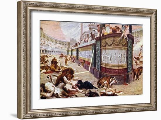 Postcard Depicting the Bloody Games in the Arena in Rome, Illustration from "Quo Vadis," 1910-Jan Styka-Framed Giclee Print