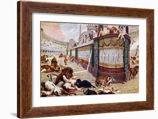 Postcard Depicting the Bloody Games in the Arena in Rome, Illustration from "Quo Vadis," 1910-Jan Styka-Framed Giclee Print