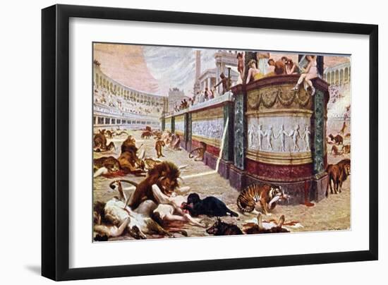 Postcard Depicting the Bloody Games in the Arena in Rome, Illustration from "Quo Vadis," 1910-Jan Styka-Framed Giclee Print