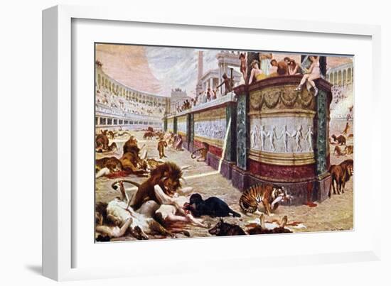 Postcard Depicting the Bloody Games in the Arena in Rome, Illustration from "Quo Vadis," 1910-Jan Styka-Framed Giclee Print