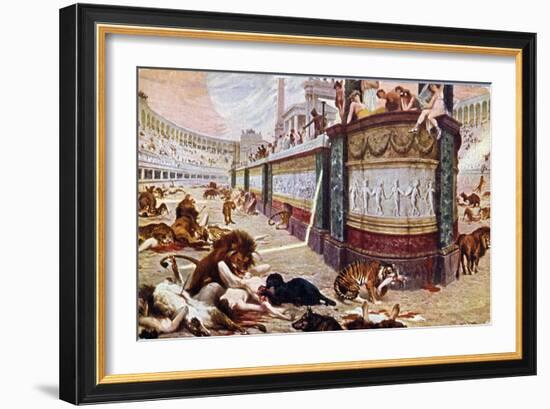 Postcard Depicting the Bloody Games in the Arena in Rome, Illustration from "Quo Vadis," 1910-Jan Styka-Framed Giclee Print