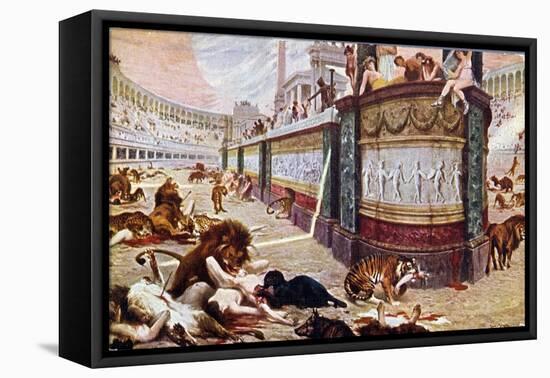 Postcard Depicting the Bloody Games in the Arena in Rome, Illustration from "Quo Vadis," 1910-Jan Styka-Framed Premier Image Canvas