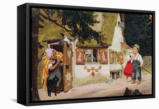 Postcard Depicting the Witch Inviting Hansel and Gretel to Enter the Gingerbread House, c.1910-null-Framed Premier Image Canvas