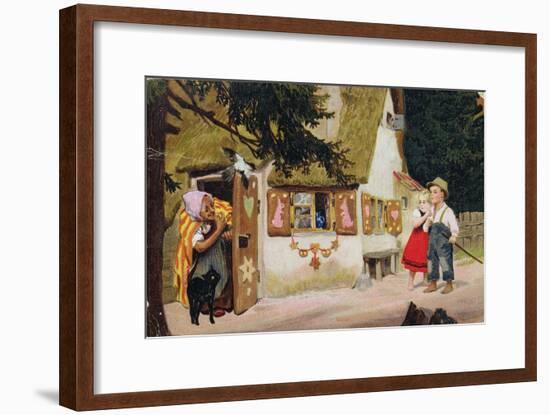 Postcard Depicting the Witch Inviting Hansel and Gretel to Enter the Gingerbread House, c.1910-null-Framed Giclee Print