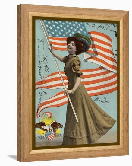 Postcard of Woman Waving American Flag-Rykoff Collection-Framed Premier Image Canvas