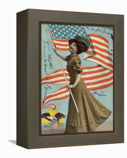 Postcard of Woman Waving American Flag-Rykoff Collection-Framed Premier Image Canvas