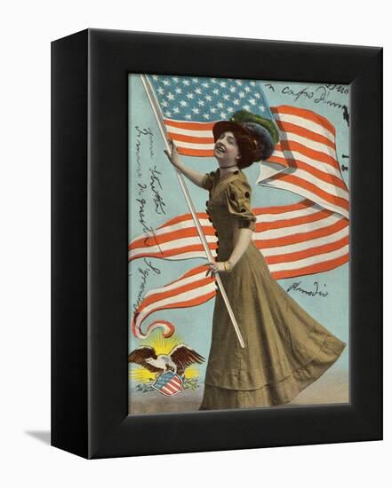 Postcard of Woman Waving American Flag-Rykoff Collection-Framed Premier Image Canvas