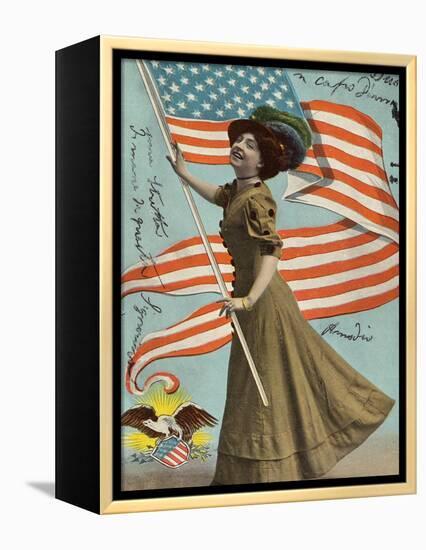 Postcard of Woman Waving American Flag-Rykoff Collection-Framed Premier Image Canvas