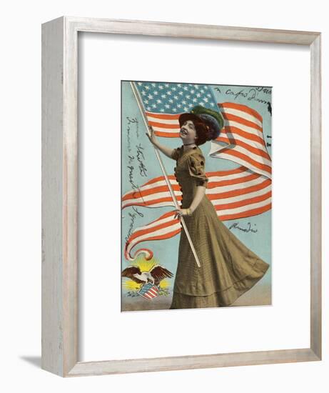 Postcard of Woman Waving American Flag-Rykoff Collection-Framed Photographic Print