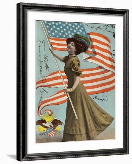 Postcard of Woman Waving American Flag-Rykoff Collection-Framed Photographic Print