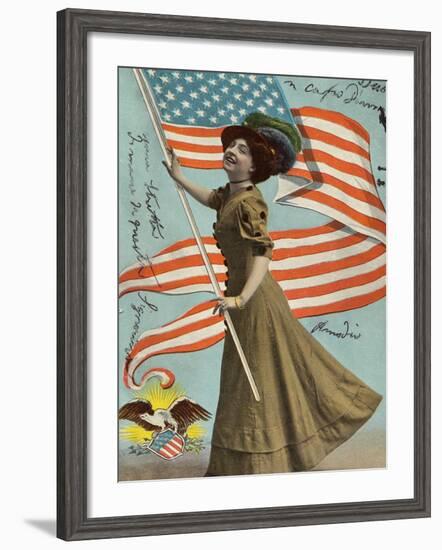 Postcard of Woman Waving American Flag-Rykoff Collection-Framed Photographic Print