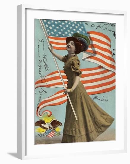 Postcard of Woman Waving American Flag-Rykoff Collection-Framed Photographic Print