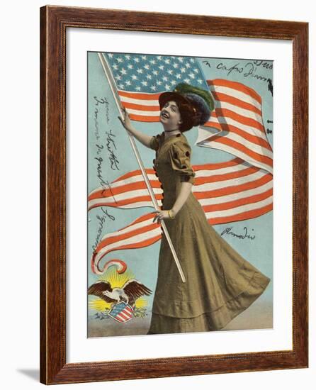 Postcard of Woman Waving American Flag-Rykoff Collection-Framed Photographic Print