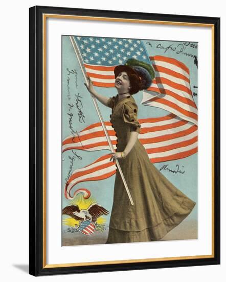 Postcard of Woman Waving American Flag-Rykoff Collection-Framed Photographic Print