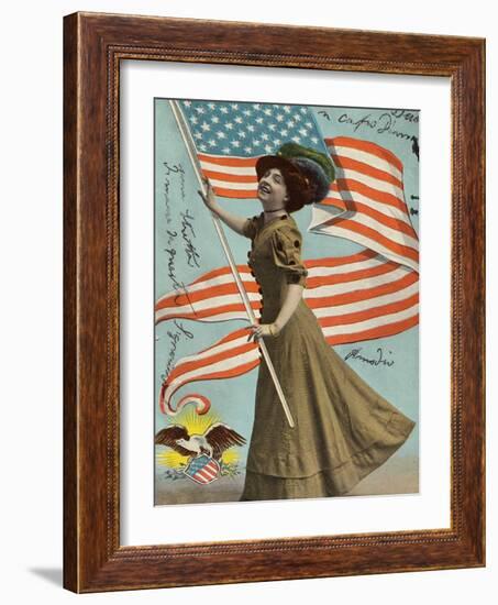 Postcard of Woman Waving American Flag-Rykoff Collection-Framed Photographic Print