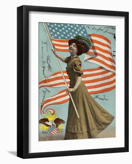 Postcard of Woman Waving American Flag-Rykoff Collection-Framed Photographic Print