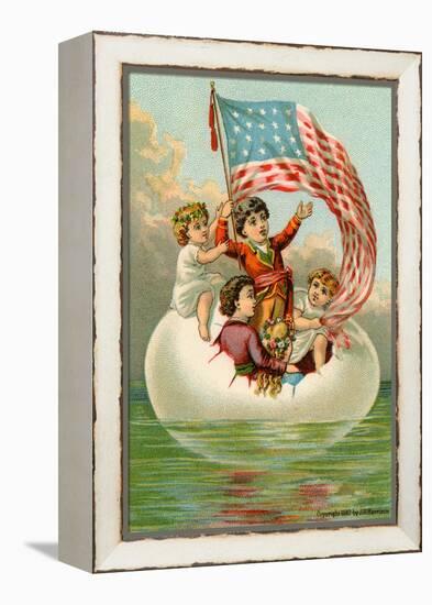 Postcard with Children in Egg Holding American Flag-null-Framed Premier Image Canvas