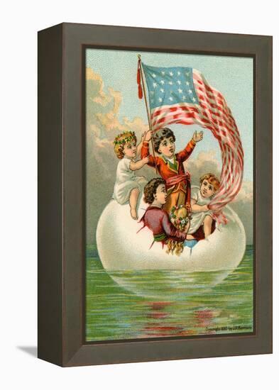 Postcard with Children in Egg Holding American Flag-null-Framed Premier Image Canvas