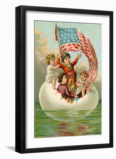 Postcard with Children in Egg Holding American Flag-null-Framed Giclee Print