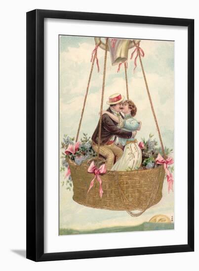 Postcard with Couple Kissing in Hot Air Balloon-null-Framed Premium Giclee Print