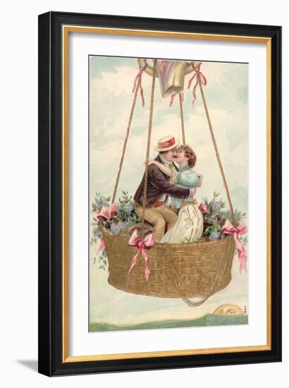 Postcard with Couple Kissing in Hot Air Balloon-null-Framed Premium Giclee Print