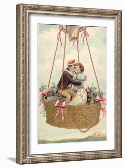 Postcard with Couple Kissing in Hot Air Balloon-null-Framed Giclee Print