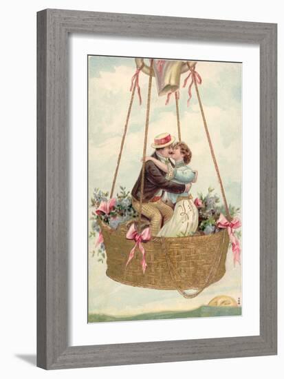 Postcard with Couple Kissing in Hot Air Balloon-null-Framed Giclee Print