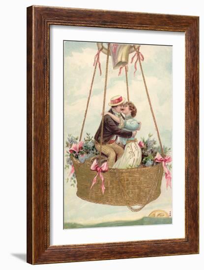 Postcard with Couple Kissing in Hot Air Balloon-null-Framed Giclee Print