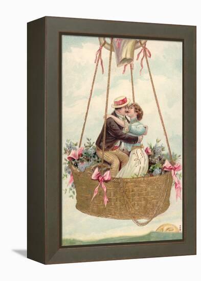 Postcard with Couple Kissing in Hot Air Balloon-null-Framed Premier Image Canvas
