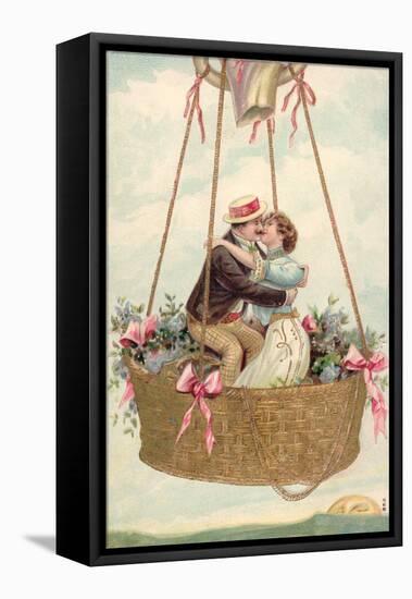 Postcard with Couple Kissing in Hot Air Balloon-null-Framed Premier Image Canvas