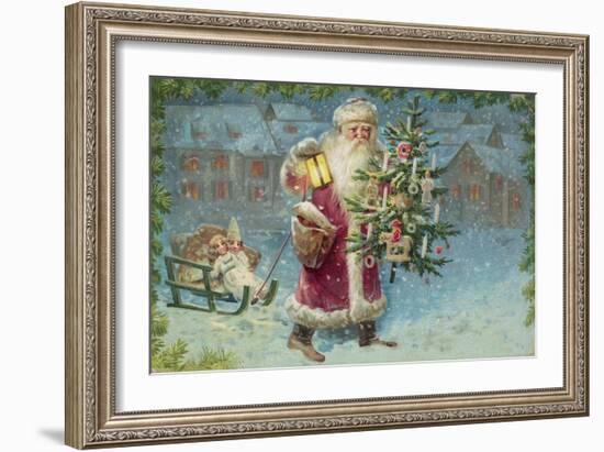 Postcard with Santa Claus Holding a Christmas Tree-null-Framed Giclee Print