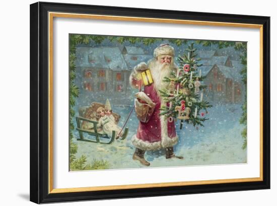 Postcard with Santa Claus Holding a Christmas Tree-null-Framed Giclee Print