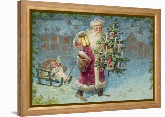 Postcard with Santa Claus Holding a Christmas Tree-null-Framed Premier Image Canvas
