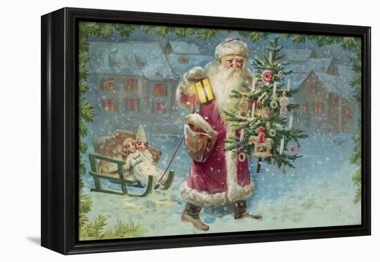 Postcard with Santa Claus Holding a Christmas Tree-null-Framed Premier Image Canvas