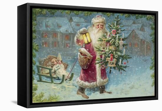 Postcard with Santa Claus Holding a Christmas Tree-null-Framed Premier Image Canvas