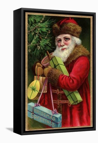 Postcard with Santa Claus Holding Presents-Trolley Dodger-Framed Premier Image Canvas